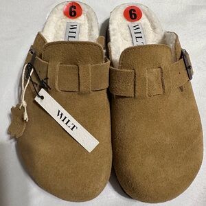 WILT Chestnut Tan Suede Slip-On Clog with Faux Shearling